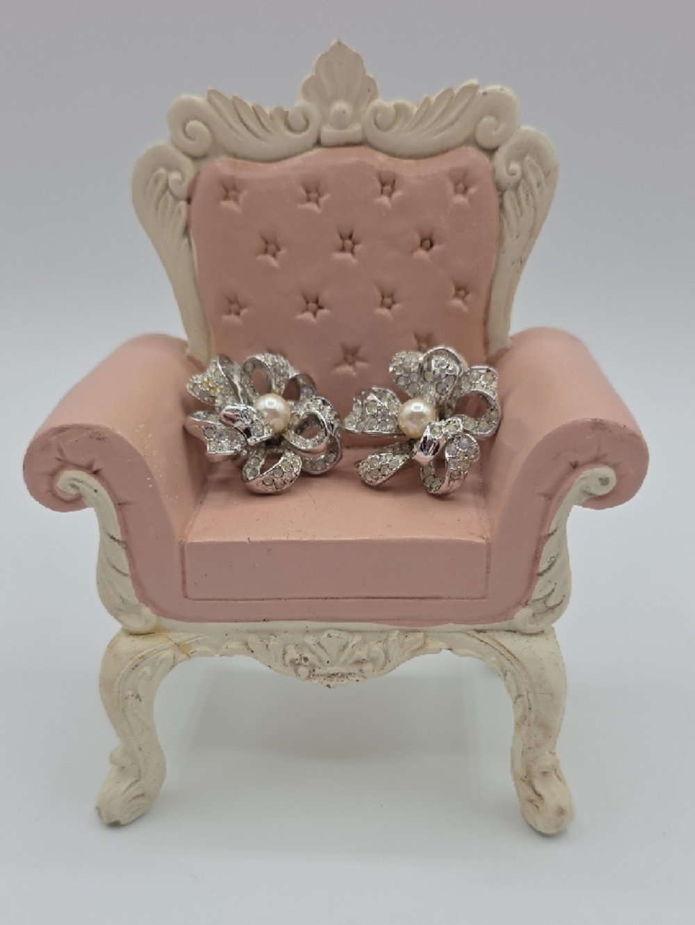 Delicate Pearl & Crystal Flower Stud Earrings - Silver Tone - Picture 5 of 7